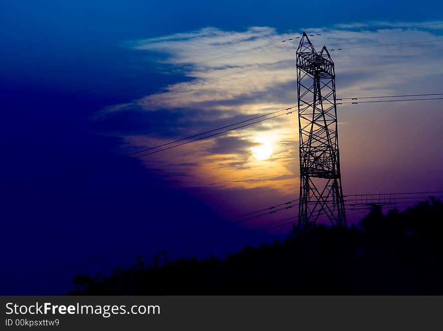 Electricity facilities with the sunset in Chongqing,China