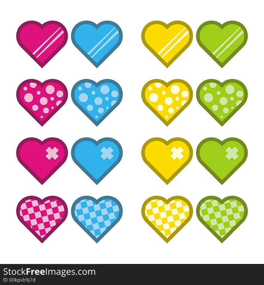 Pairs of stylized hearts of different colors. Pairs of stylized hearts of different colors