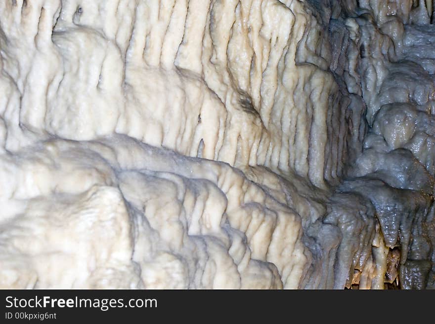 White calcite appears to drip down and cover the walls in Smoke Hole Caverns, WV. White calcite appears to drip down and cover the walls in Smoke Hole Caverns, WV.