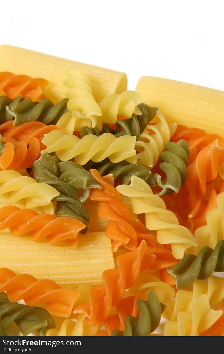 Colorful pasta, Rigatoni , white background