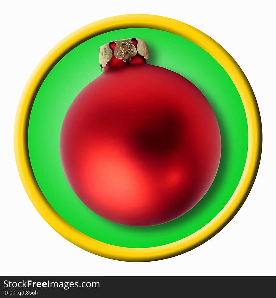 Red christmas ball on a green plastic plate with golden border