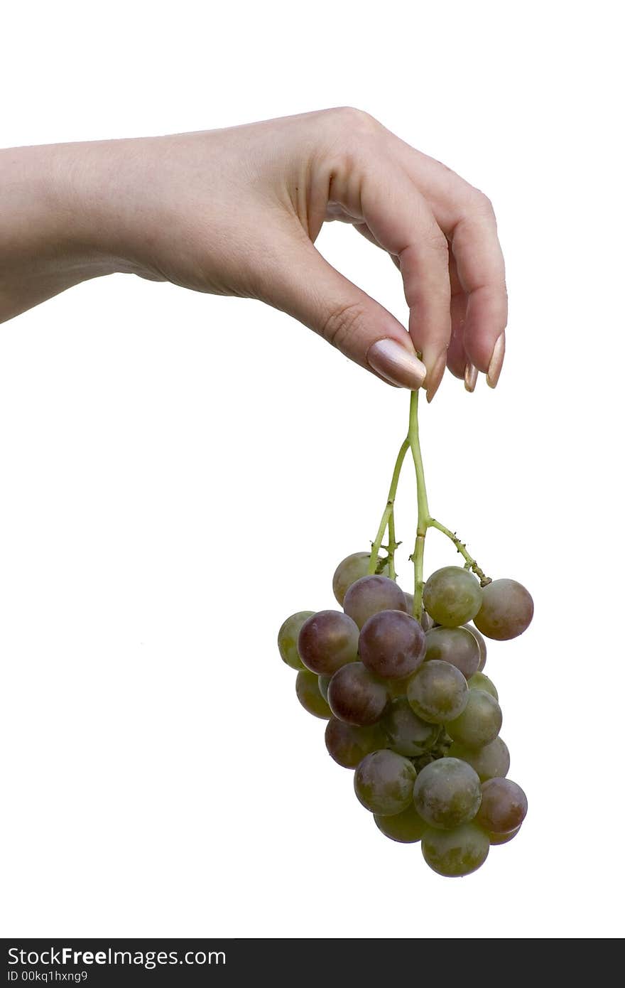 Hand with grape on white background