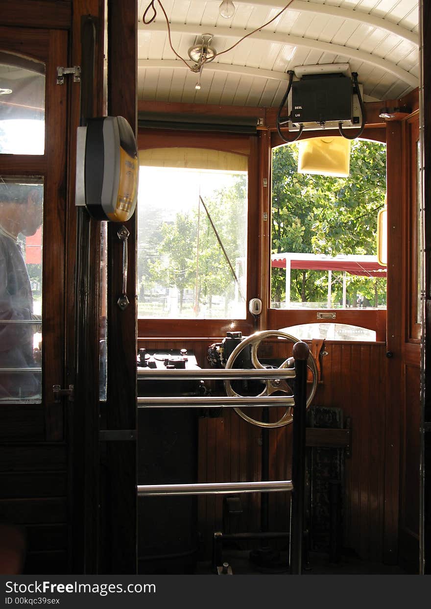 Driver's cabin of an old electric car. Driver's cabin of an old electric car