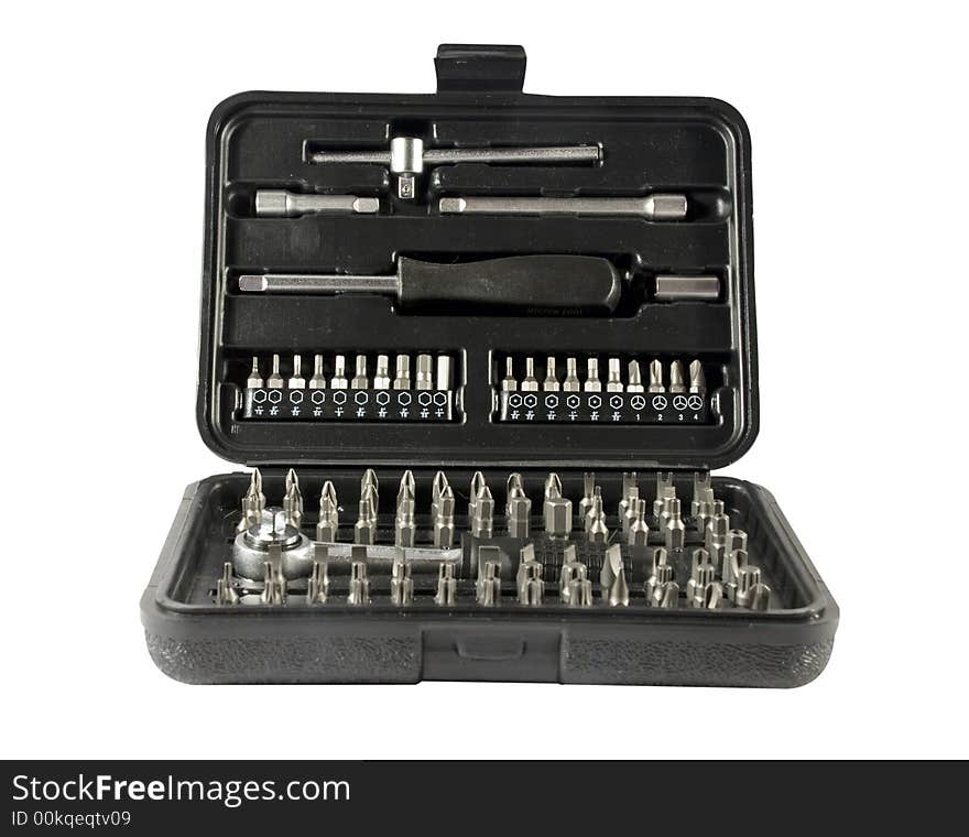 Toolbox with different kinds of screwdrivers and other tool kits. Isolated against white background. Toolbox with different kinds of screwdrivers and other tool kits. Isolated against white background.