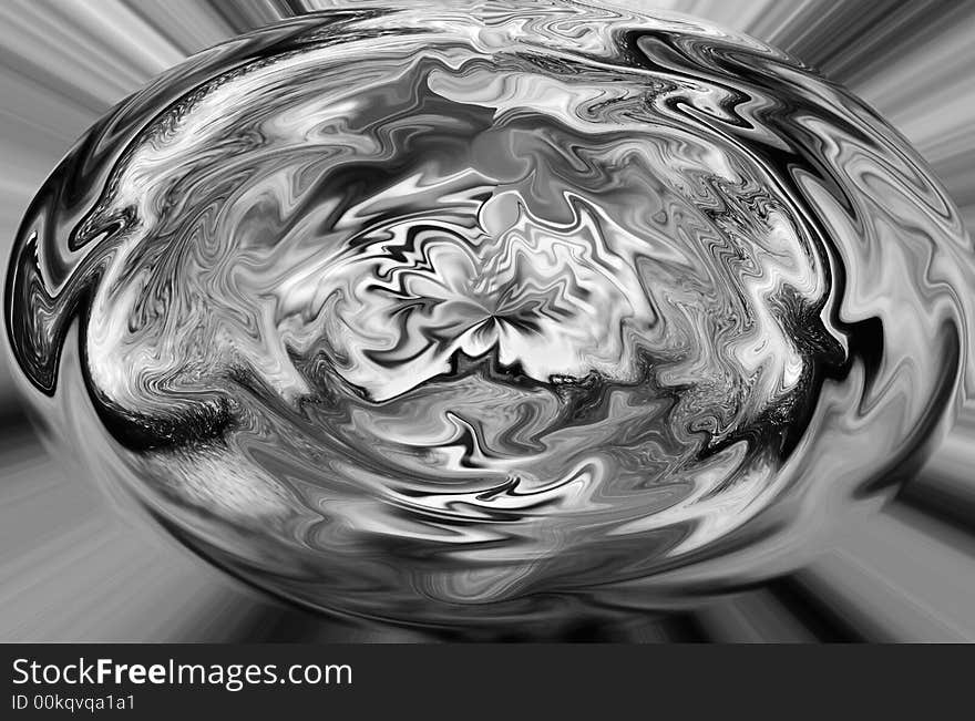 Surreal abstract egg shaped form, in silver grey, black and white. Set against a grey, black and white lined background. Surreal abstract egg shaped form, in silver grey, black and white. Set against a grey, black and white lined background.