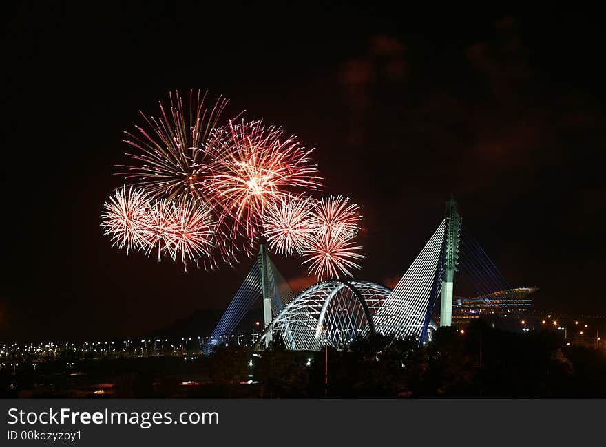 Fireworks in Putrajaya over landmark Seri Saujana Bridge.