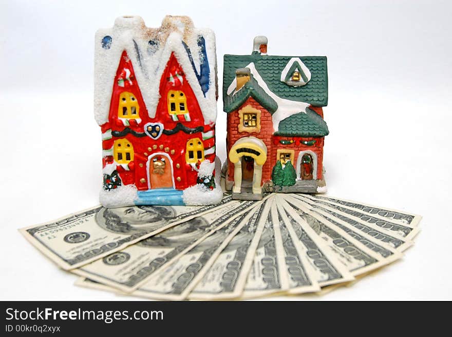 Two houses with 100 dollars bills background. Two houses with 100 dollars bills background