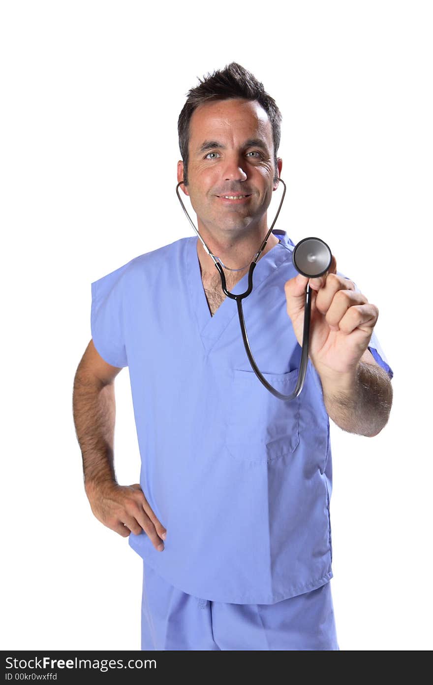 Portrait of a male doctor wearing scrubs holding out stethoscope. Portrait of a male doctor wearing scrubs holding out stethoscope