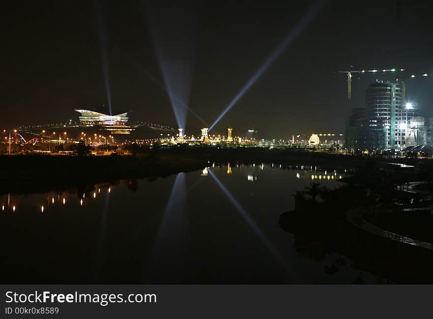 Malaysia's landmark Putrajaya International Convention Centre at night.