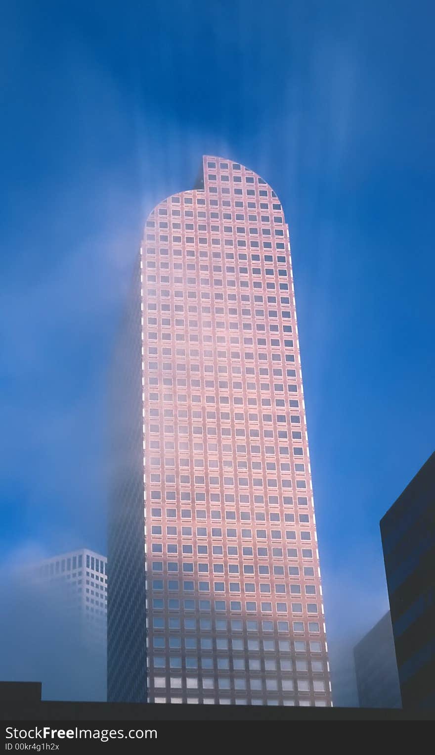 Tall office building with unique sunrays reflecting off windows rises through the fog to a clear blue sky. Tall office building with unique sunrays reflecting off windows rises through the fog to a clear blue sky