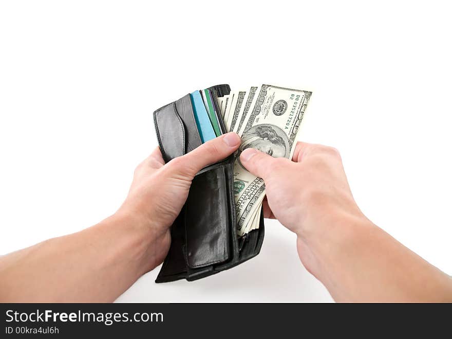 Wallet with money in hands, isolated white. Wallet with money in hands, isolated white