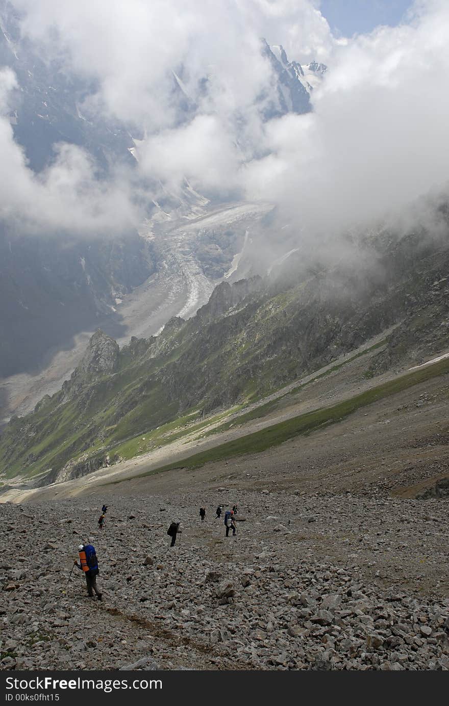 Group of people trekking  down