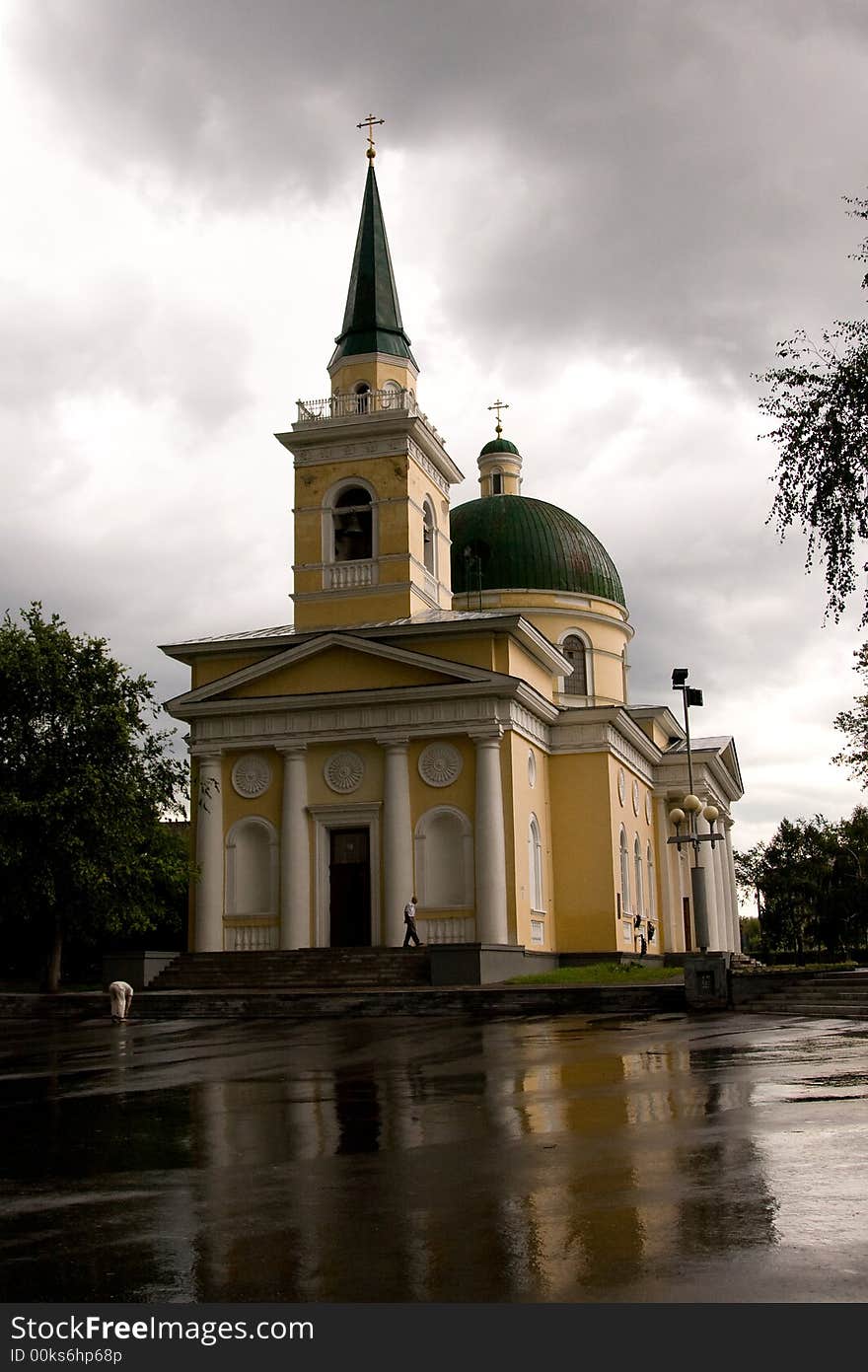 Old church in Omsk at rainy day