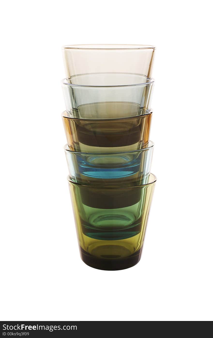 Isolate pile of colored water glasses over a white background