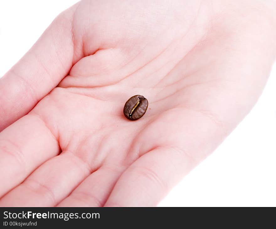 Hand with coffee bean on a white background