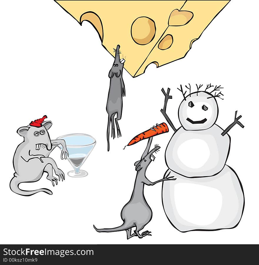 Mice before new year with a snowball, a wine-glass and cheese. Mice before new year with a snowball, a wine-glass and cheese