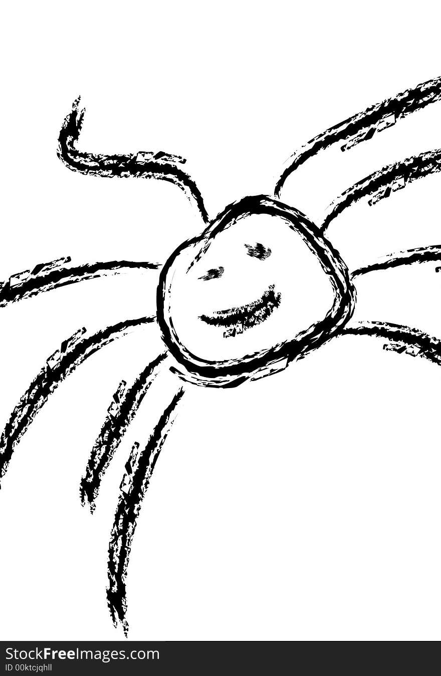 An illustration in line art of a happy spider with web