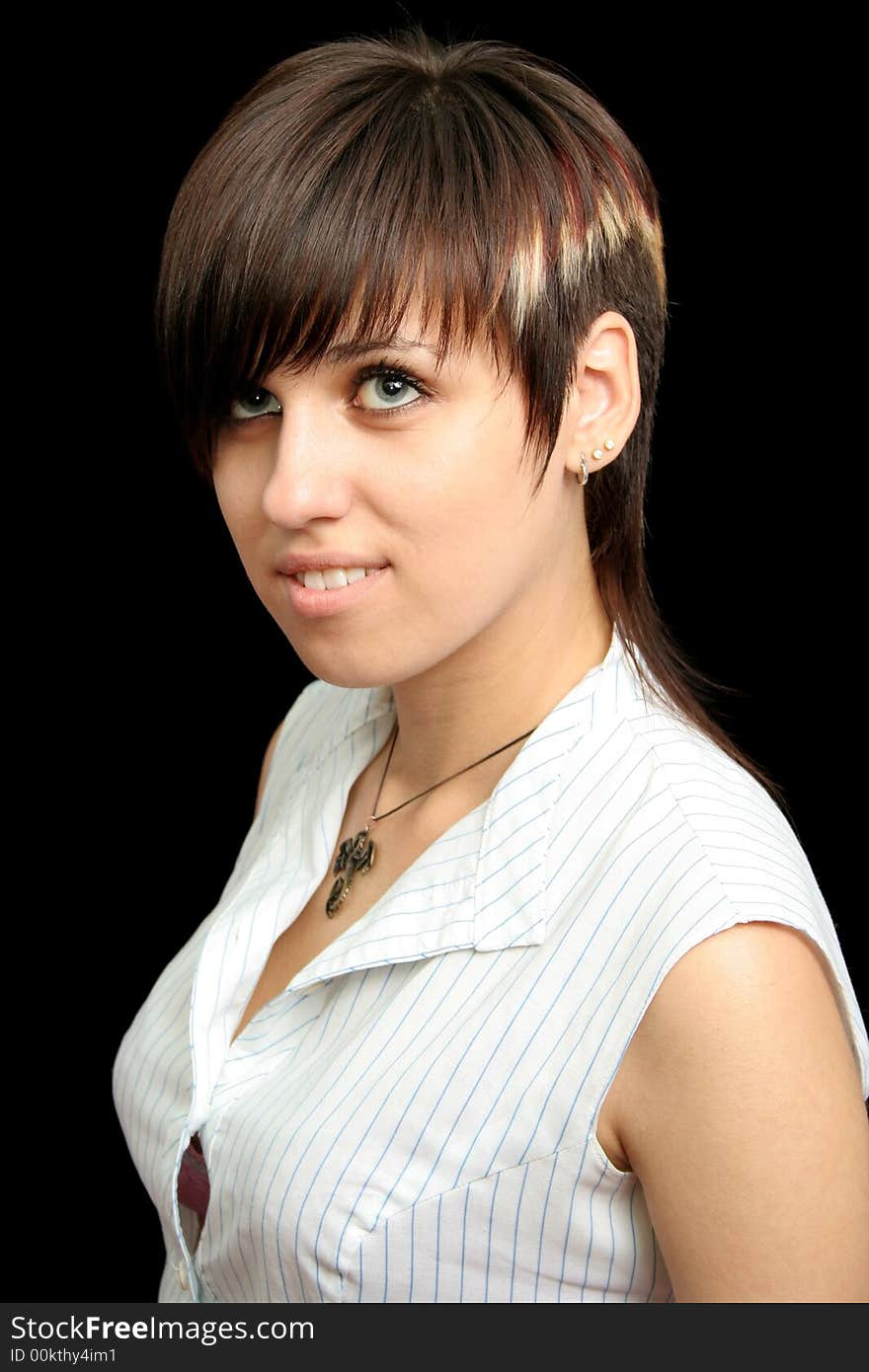 The young girl with expressive emotions, isolated on black background