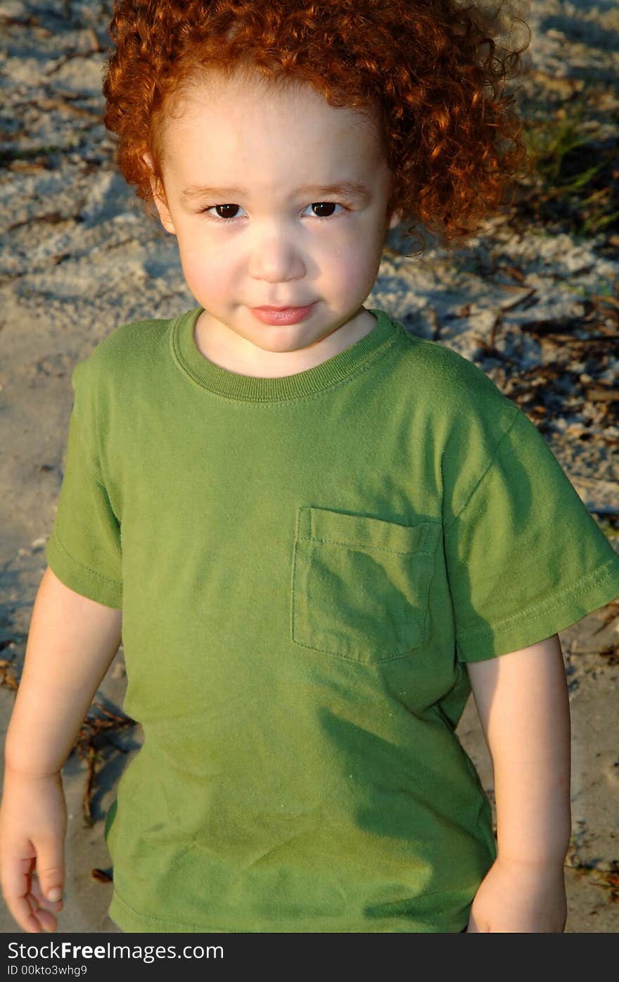 Curly Red-haired Boy At Beach