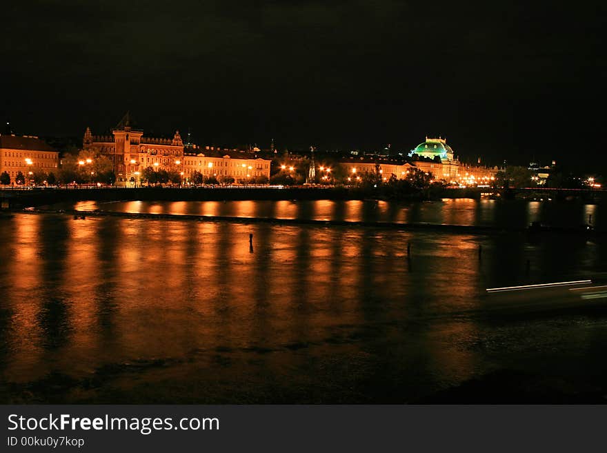 The night view of the beautiful Prague City along the River Vltava