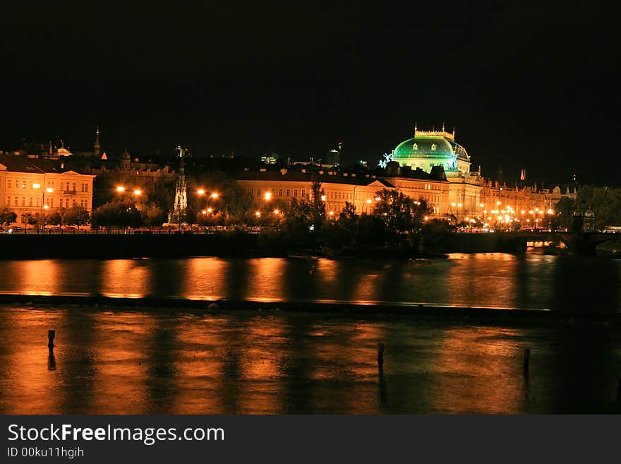 The night view of the beautiful Prague City along the River Vltava