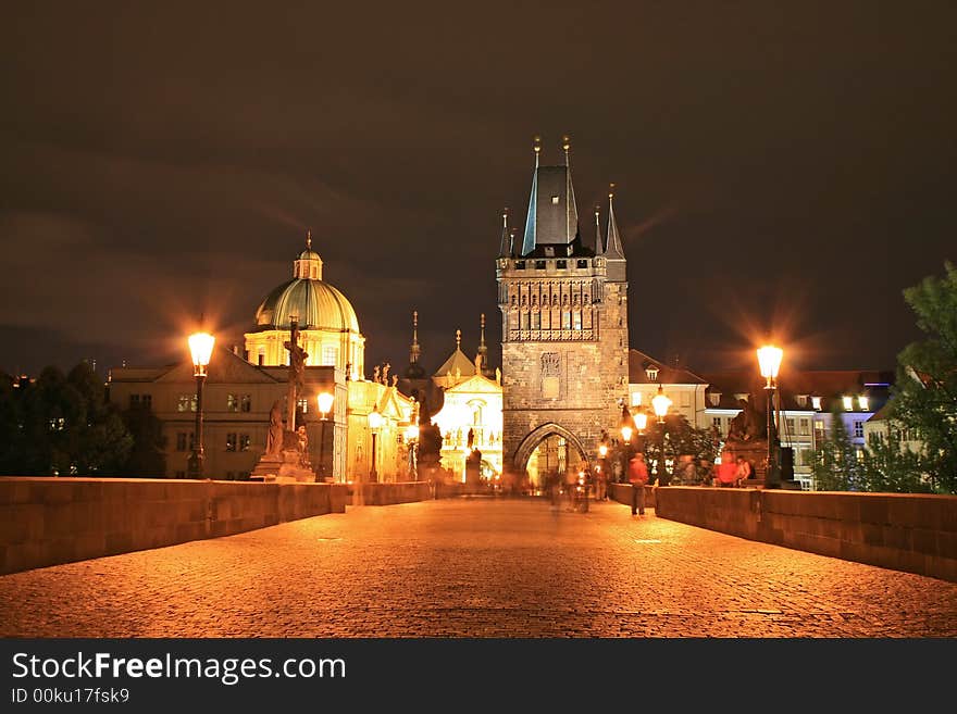 The night view of the beautiful Prague City along the River Vltava