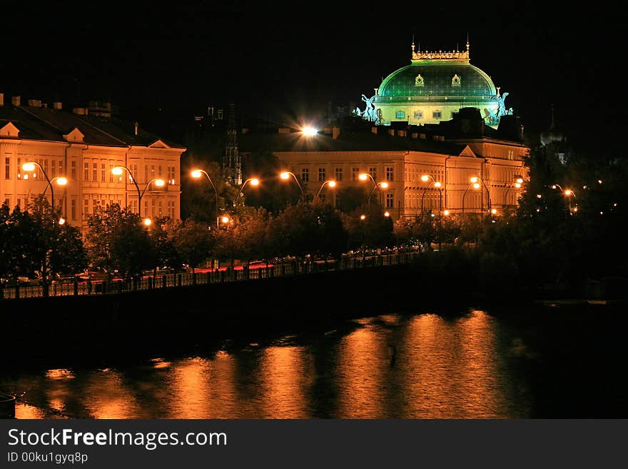 The night view of the beautiful Prague City along the River Vltava