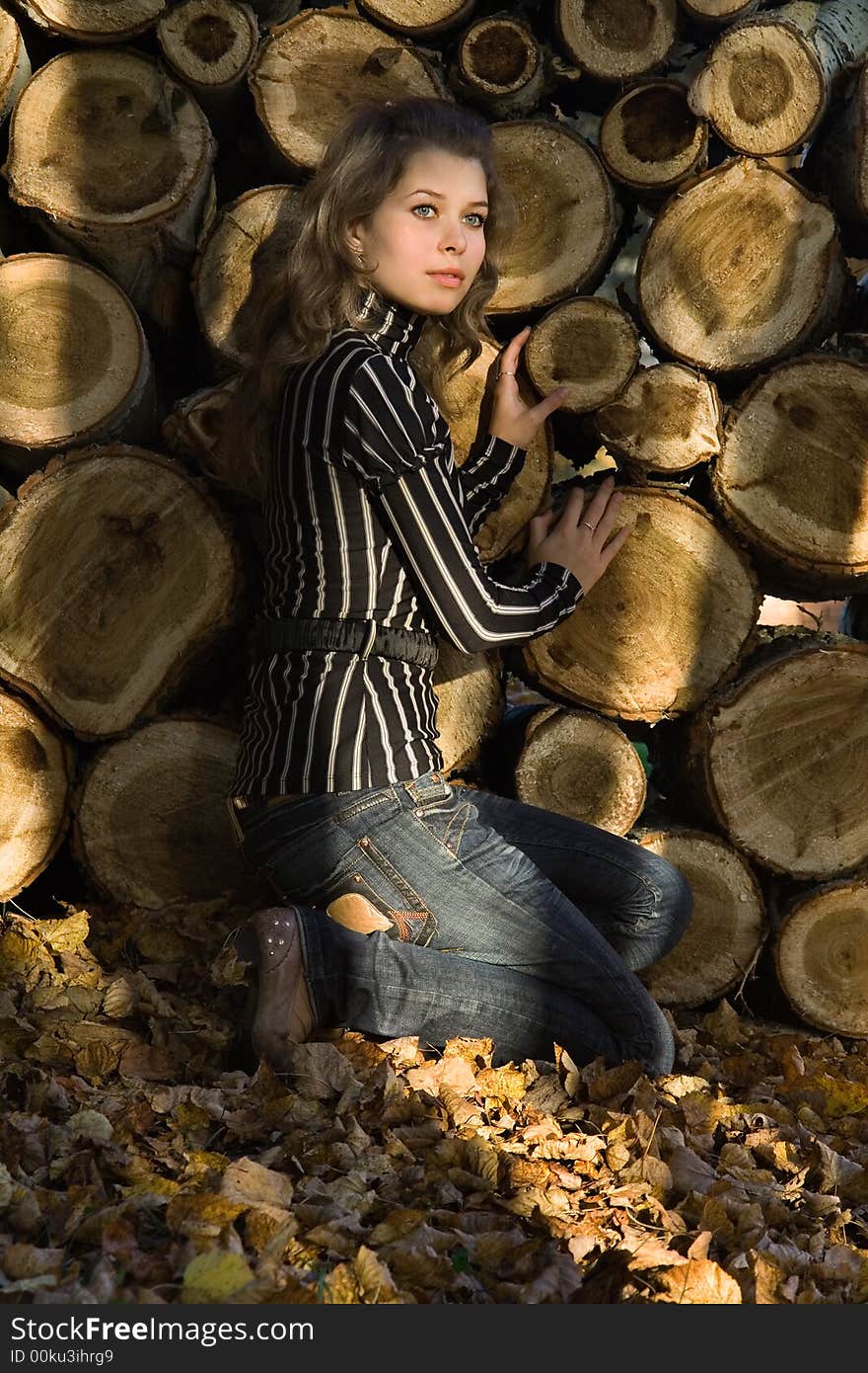 The girl near a solar woodpile. The girl near a solar woodpile