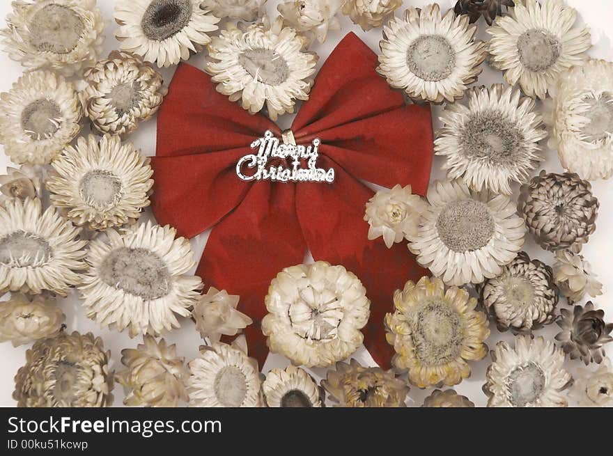 Red christmas bow over sepia flowers background. Red christmas bow over sepia flowers background