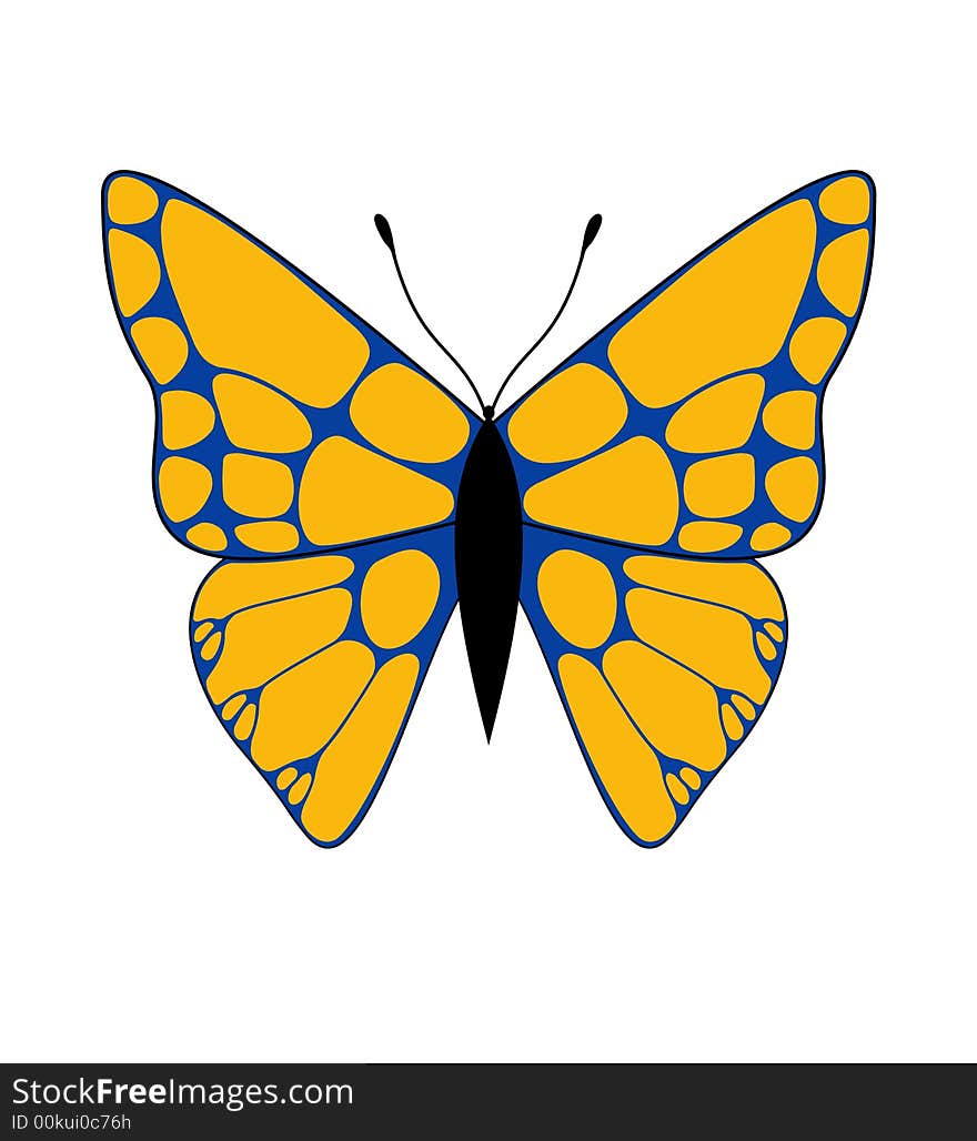 Illustrated orange and blue butterfly outlined in black. Illustrated orange and blue butterfly outlined in black