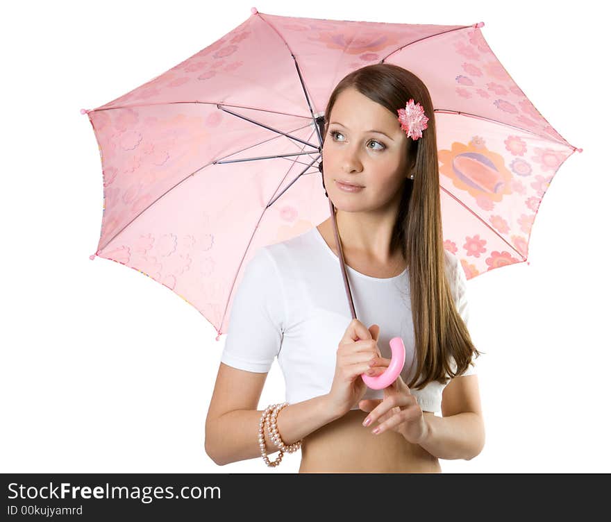 Young girl with umbrella. Isolate on white.