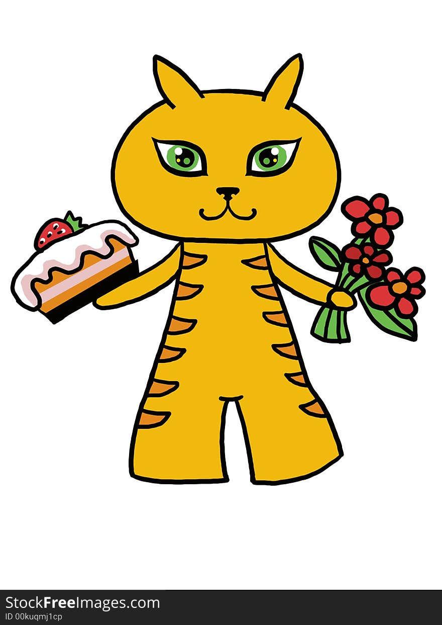 Funny cat with cake and flowers. Funny cat with cake and flowers