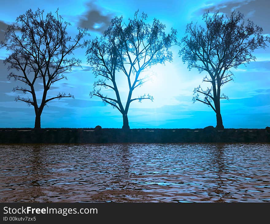 Trees on coast of the channel - digital artwork. Trees on coast of the channel - digital artwork