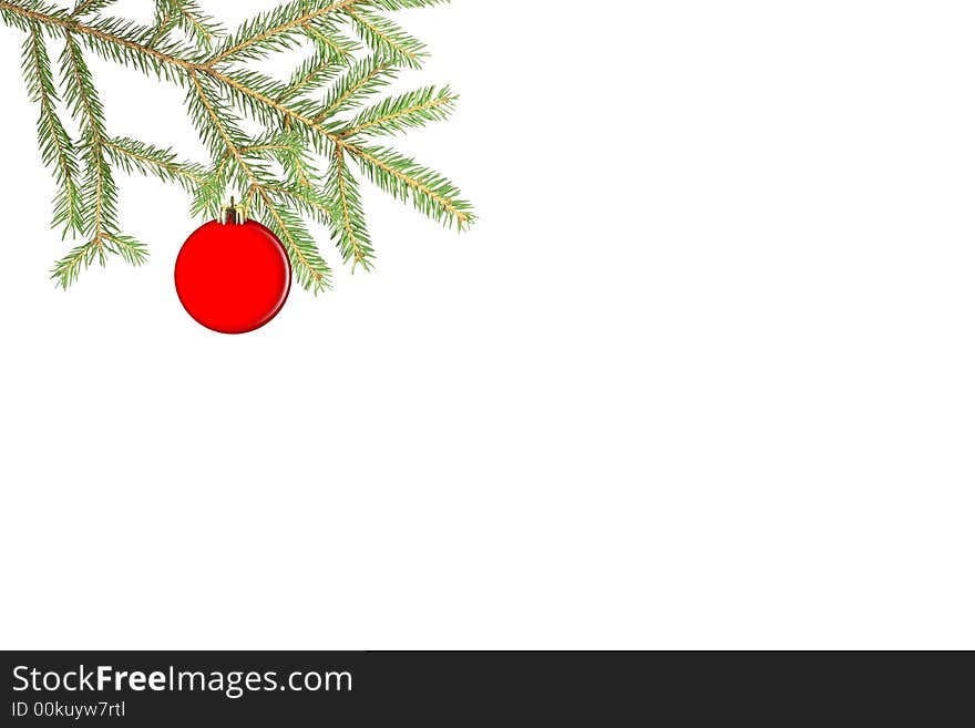 Red ball on a fur-tree branch on a white background.