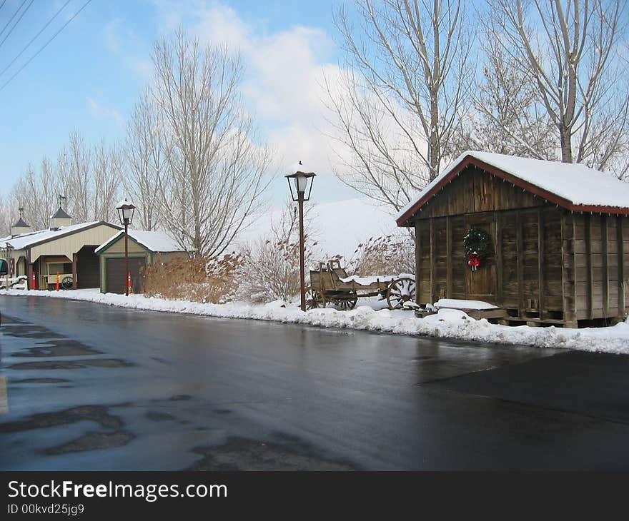 Winter scene in small village. Winter scene in small village.