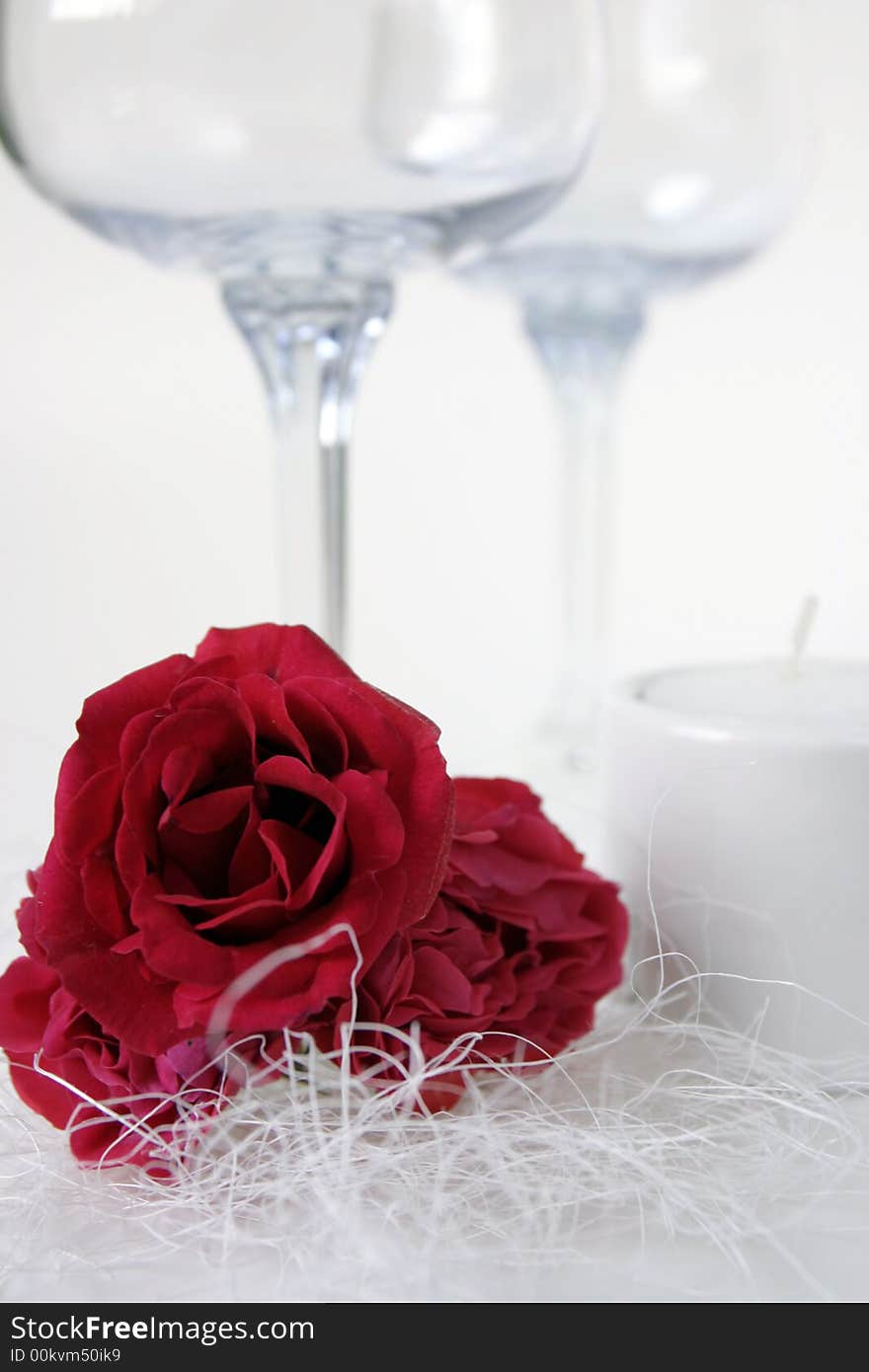 Vine glass and red roses, Wedding day. Vine glass and red roses, Wedding day