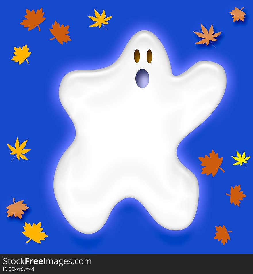 Spooky ghost floats with autumn leaves on blue background. Spooky ghost floats with autumn leaves on blue background