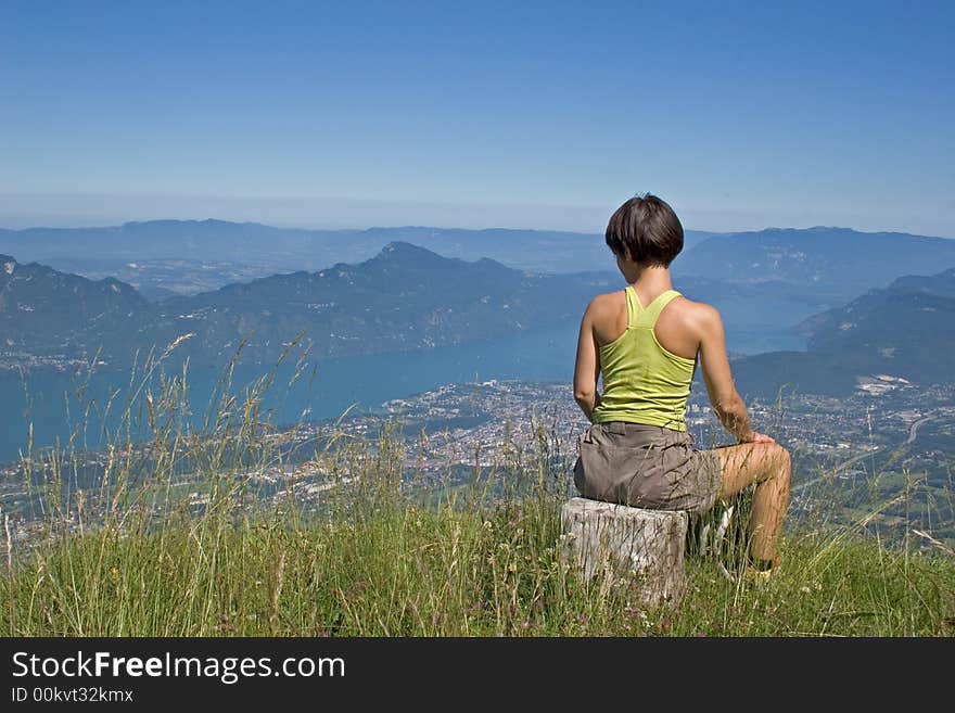 Sporting woman looking at a lake sport, woman. Sporting woman looking at a lake sport, woman