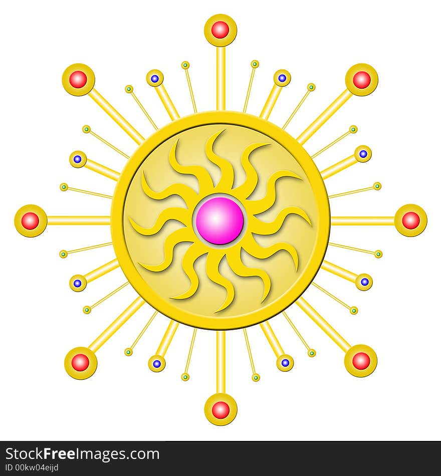 A fanciful peace of jewellery with colored balls and a sun in the center. Useful for advertising, print and web. A fanciful peace of jewellery with colored balls and a sun in the center. Useful for advertising, print and web