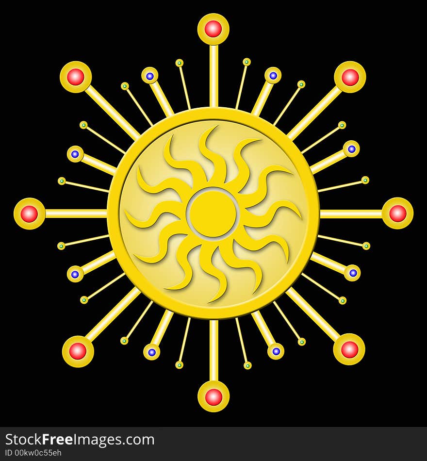 A fanciful peace of jewellery with colored balls and a sun in the center. Useful for advertising, print and web. A fanciful peace of jewellery with colored balls and a sun in the center. Useful for advertising, print and web