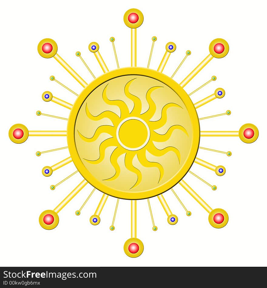 Cheerful golden plastic frame with a emblem of the sun in the center. Cheerful golden plastic frame with a emblem of the sun in the center