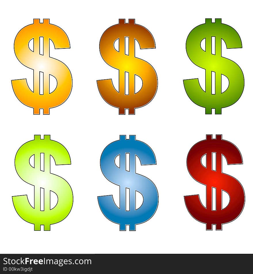 A clip art illustration of 6 different dollar signs in your choice of colors - light gold, dark gold, light green, dark green, blue and red. A clip art illustration of 6 different dollar signs in your choice of colors - light gold, dark gold, light green, dark green, blue and red