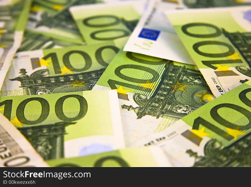 A pile of 100 Euro banknotes. A pile of 100 Euro banknotes