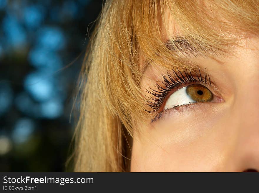 Beautiful blond girl's eye closeup. selective focus.