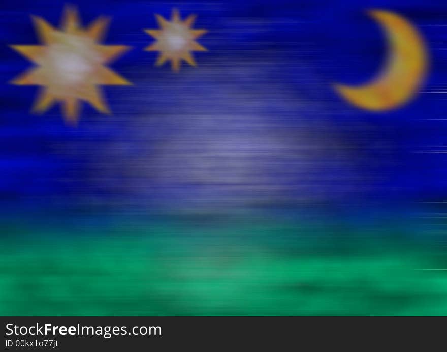 Blurred background in blue and green with blurred stars and moon