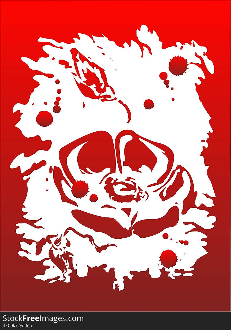 The white stylized silhouette of a rose on a red grunge background with spots. The white stylized silhouette of a rose on a red grunge background with spots.