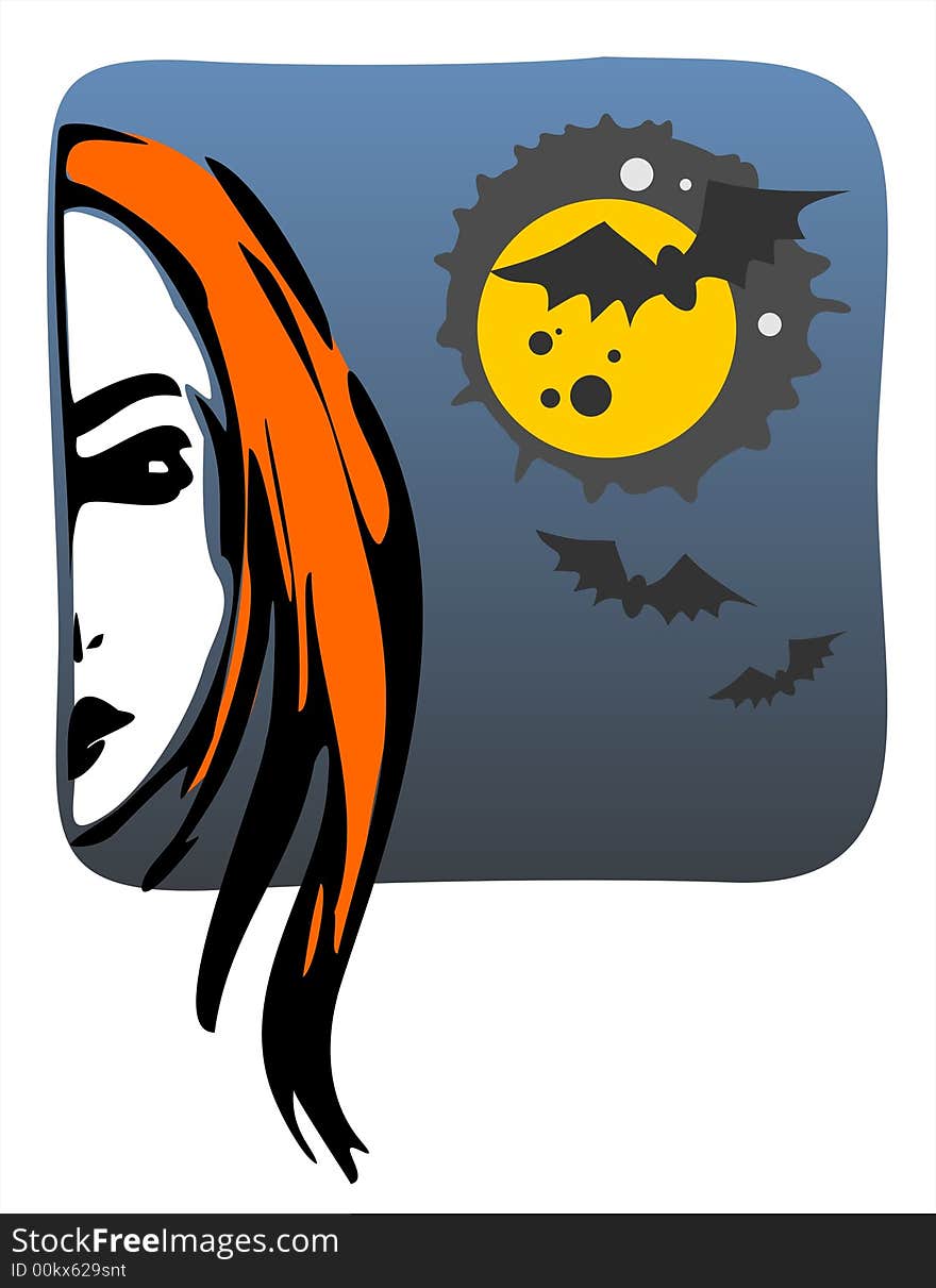 The face of a witch with red hair on a background of the moon and bats.