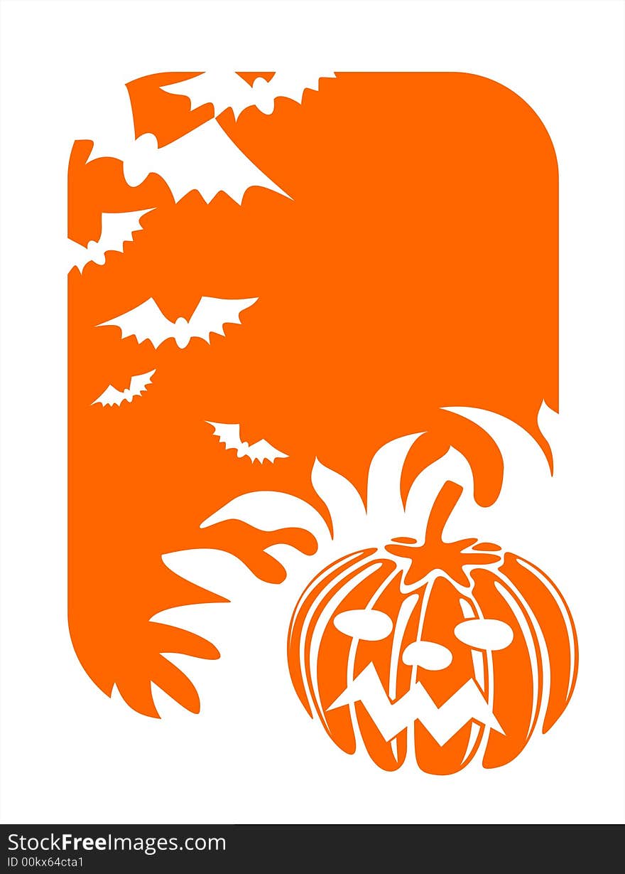 The orange stylized pumpkin and silhouettes of bats. The orange stylized pumpkin and silhouettes of bats.