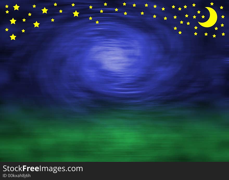 Darkblue blurred sky with green bottom and stars and moon in the top. Darkblue blurred sky with green bottom and stars and moon in the top