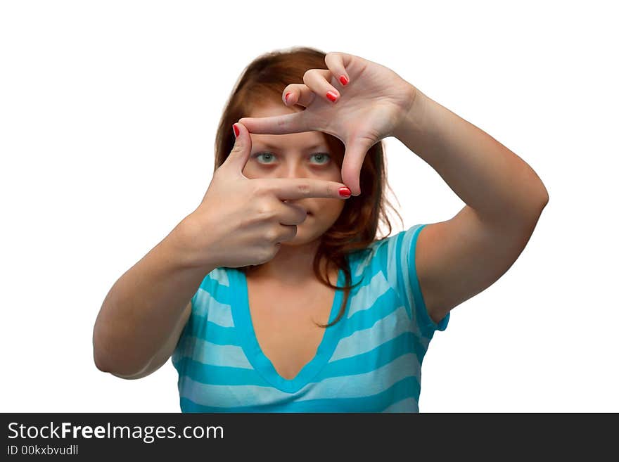 Girl looking through a frame, isolated on white background